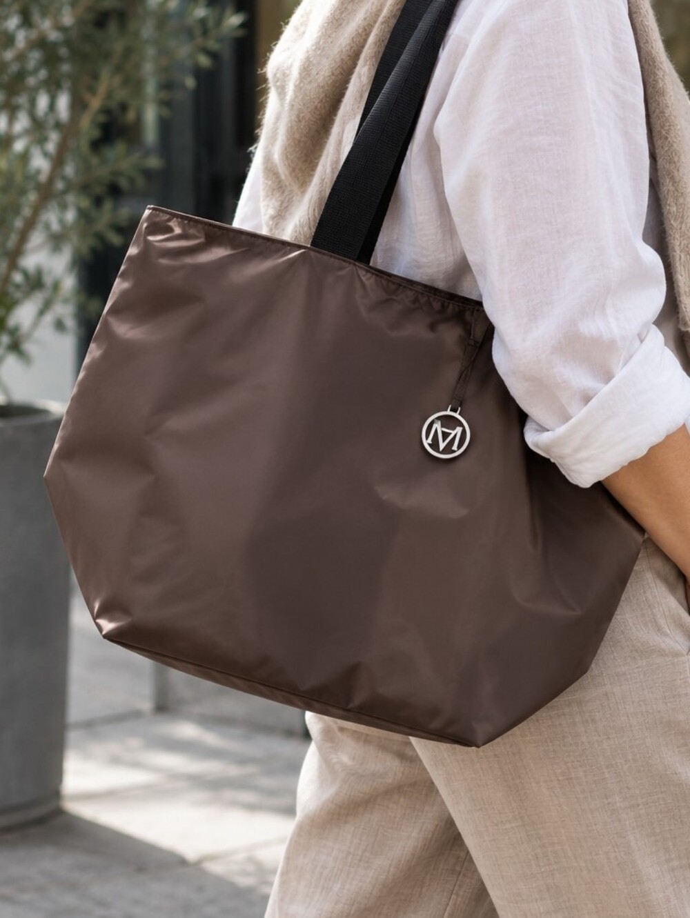 NWOT Marella Brown Nylon Tote with Black Handles